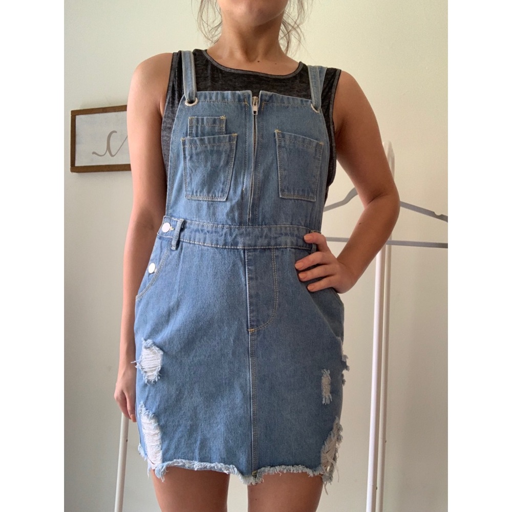 Distressed overall dress